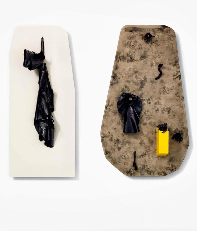 THOMAS BANG. 'Closing All Openings (Ceausescu - Yelloww)'. 2016, læder ovnsvørte, krydsfiner, acryl, metal, 152,5 x 181 x 29,7 cm. 