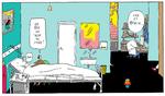 Patientkontakt. Det kan ikke være rigtigt, at blot en fjedredel af lægernes arbejdstid bliver brugt på patienterne, mener foreningen Yngre Læger.Tegning: Jørgen Saabye 