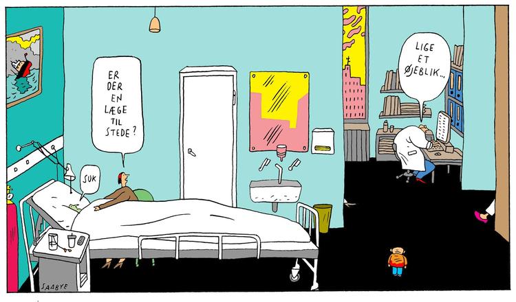 Patientkontakt. Det kan ikke være rigtigt, at blot en fjedredel af lægernes arbejdstid bliver brugt på patienterne, mener foreningen Yngre Læger.Tegning: Jørgen Saabye 