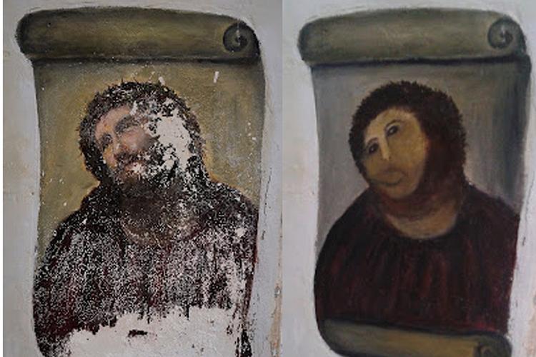 Spanien har gennem mange år lidt under amatørkonservatorers arbejde. Her det måske mest berygtede eksempel af den tornekronede Kristus, der  i en kirke i Borja blev restaureret til ukendelighed.  Foto: Centro de Estudio Borjanos: PR-foto/Abaca
