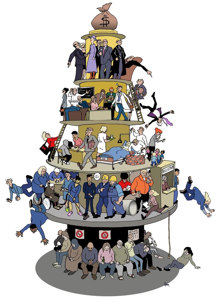 Kransekagen. Danmark er stadig et klassesamfund med store forskelle i levevilkår, magt og muligheder, påstår forfatter Lars Olsen.Tegning: Anne-Marie Steen Petersen 