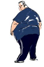 Jeg prøver som en sindssyg at undskylde for, at jeg er tyk, for min belastning af samfundet og for min eksistens. Jeg vil blot bede om, at vi tykke må være her - i hvert fald bare lidt endnu. Tegning: Mette Dreyer 