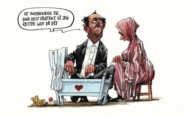 Nu pålægger et borgerforslag folketingspolitikerne at beslutte sig: Skal der indføres en aldersgrænse for omskæring af smådrenge? /Politiken-Tegning