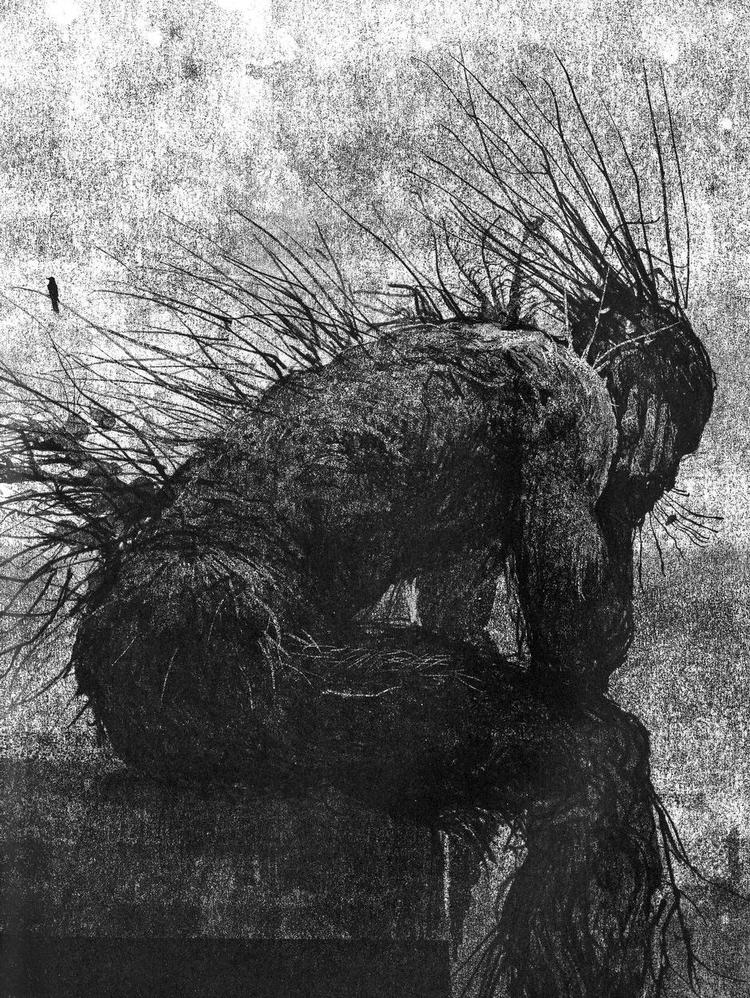 Græd bare. Monsteret i 'Monster' er et takstræ, der er mesterligt tegnet af Jim Kay, og som guider dig igennem et brusebad af de helt store og skræmmende følelser som sorg og vrede og skyld. Tegning fra bogen Tegning Jim Kay