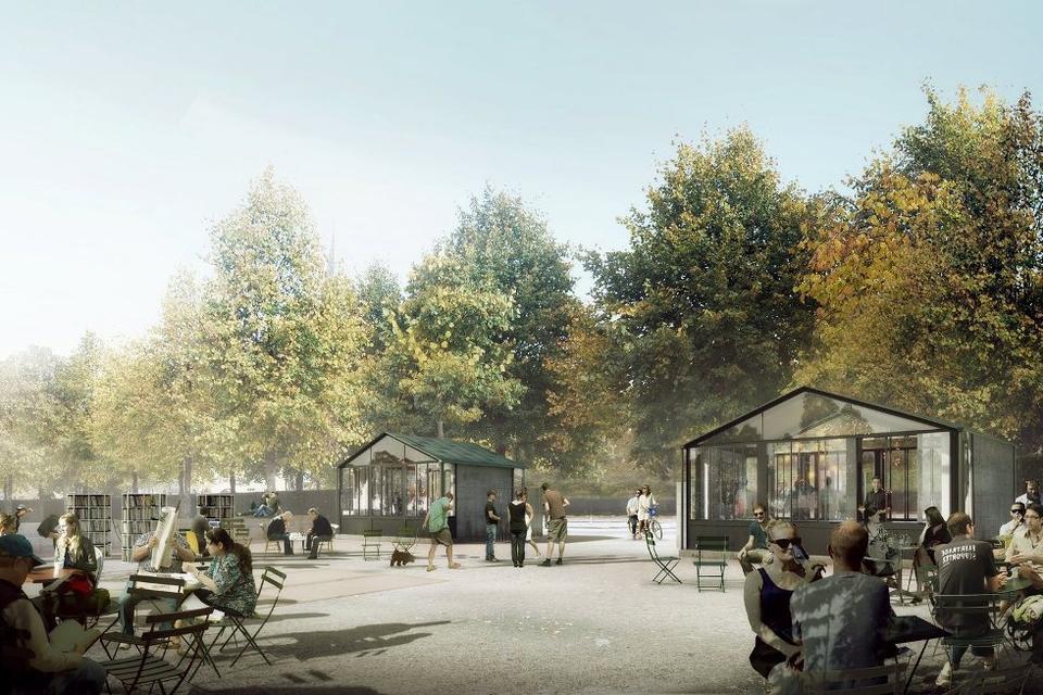 Indgangspavillonerne af Arne Jacobsen, der nu søges genopført. Foto: COWI, Tredje Natur & Platant