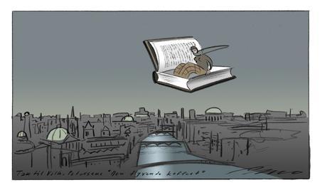 Litteraturen. »Bøger åbner verdener« konstaterede litterære direktør Johannes Riis til Gyldendals efterårsreception. Tegning: Per Marquard Otzen /per.marquard.otzen@pol.dk