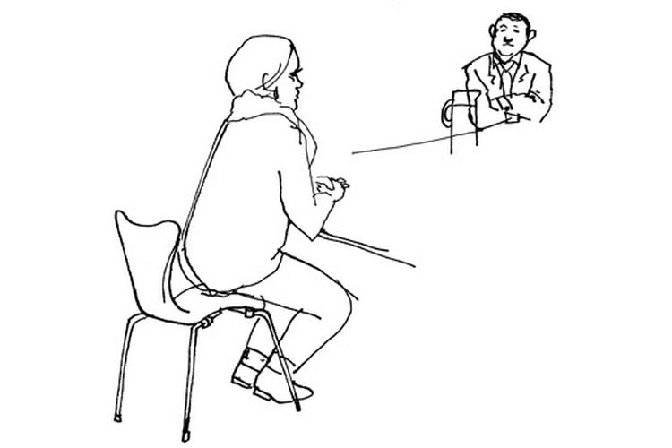 Anklagede og forsvarer Jørgen Lange. Tegning: Anne-Marie Steen Petersen 