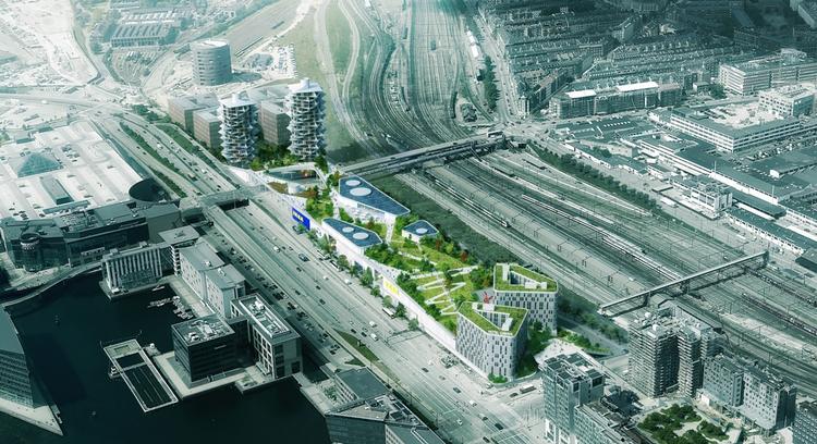 STORT. Sådan kan det nye område ved Kalvebod Brygge komme til at se ud. Bagest ses kaktustårnene med de 500 ungdomsboliger, tegnet af BIG. I midten IKEA-varehuset og det grønne strøg og i forgrunden det nye Cabinn Hotel. 