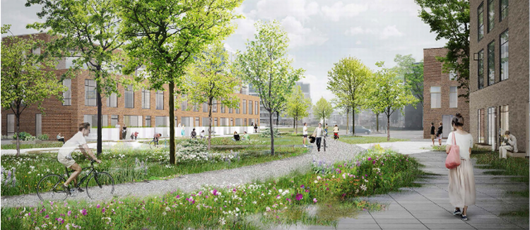 Ungdomsboliger. Langs de nye ungdomsboliger i Sydhavnen laver man en grøn kile med store græsarealer og træer. 