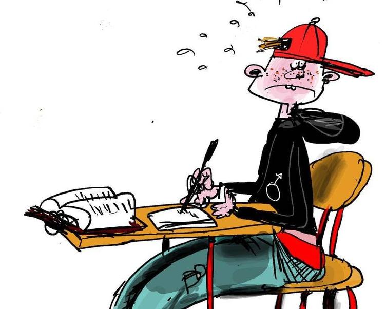 Hele 36 gange kan Rose og hendes klassekammerater over de næste 9 år se frem til at blive testet. Og 6 gange yderligere, hvis vi også inddrager testen i dansk som andetsprog. Arkivtegning: Jørn Villumsen Tegning: Jørn Villumsen (arkiv) 