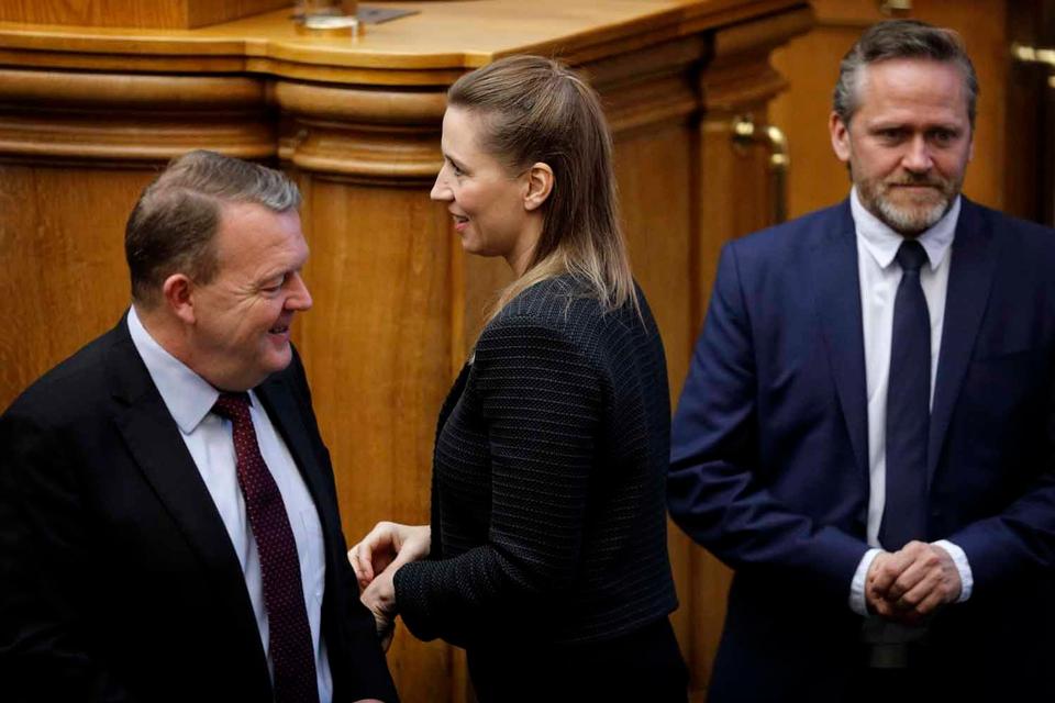 Statsminister Lars Løkke Rasmussen, Socialdemokraternes Mette Frederiksen og udenrigsminister Anders Samuelsen. 