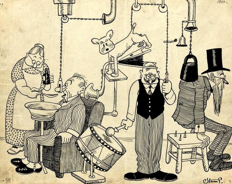 Omstændigt. Storm P. var en mester i at tegne omstændelige omveje til løsning af simple eller ikkeeksisterende problemer. Ny udstilling på Storm P. Museet viser ham sammen med ligesindede tegnere. 