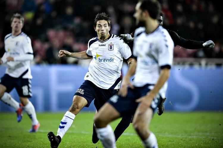 BEDST. AGF's Alexander Juel Andersen (t.v.) var en stærk mand i forsvaret og lavede sejrsmålet mod FCM på MCH Arena i Herning. Foto: Anita Gravesen / Polfoto 