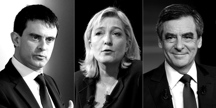 Socialisten, nationalisten eller liberalisten? Det franske folk kan meget vel skulle vælge mellem Manuel Valls (t.v.), Marine Le Pen og Francois Fillon ved præsidentvalget næste år. 