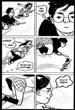 TRYLLESTAVE. Som på Hogwarts bliver der fløjet på kosteskaft på mutantakademiet, men i modsætning til Harry Potter udnyttes situationen her til et ømt smugkik på et par pigetrusser. Klik på billedet for at se den fulde version. Tegning: Jillian Tamaki 