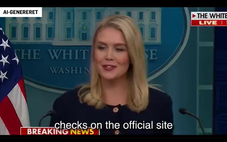 Det Hvide Hus’ pressesekretær, Karoline Leavitt, er en af de  virkelig personer, der bliver misbrugt i falske ai-genererede videoer. Foto: Dokumentation - Skærmdump fra ai-genereret video