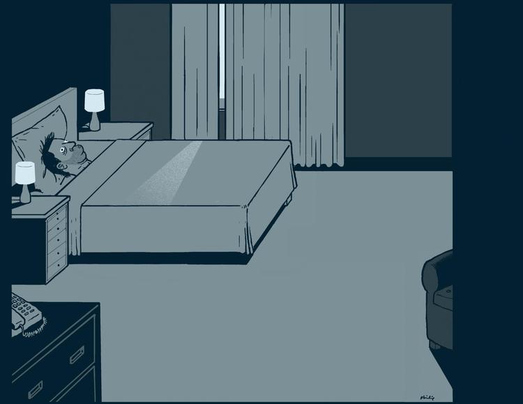 Nogle hotelsenge bliver redt så stramt, at der kun er én sovestilling bagefter. Tegning: Philip Ytournel 