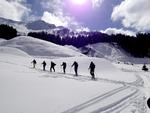 På rad og række går deltagerne i skitouring gennem det stille landskab. Det er lidt som langrend uden glid og en fin afveksling fra larm og sjov på pisterne i området. 