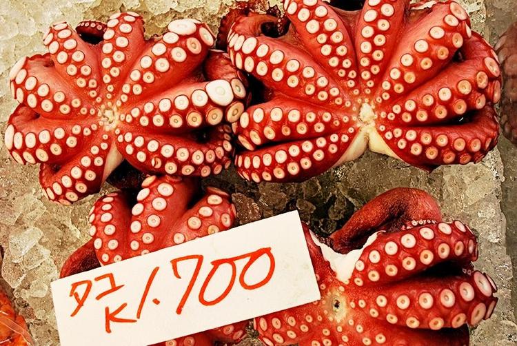 Blæksprutter og alt andet godt fra havet købes på Nahas fiskemarked. 