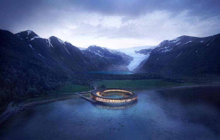 En gletsjer i baggrunden og placeret ude i vandet. Sådan vil man opleve Svart hotellet i 2021. Illustration Snøhetta