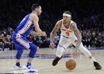 Philadelphia 76ers' spiller i blåt. Her mod New York Knicks. Michael Perez/AP